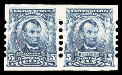 315, 5c Blue imperforate, Schermack Ty II perforations, an incredibly rare mint pair, possessing outstanding centering within large margins, deep rich color, o.g., h.r., right
stamp with large internal tear, very fine appearance one of the ra