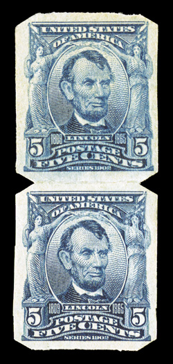 315, 5c Blue imperforate, U.S. Automatic Vending Ty. I separations, pair, perfectly centered, rich luxuriant color, o.g., top stamp with minor h.r. and tiny thin specks,
extremely fine appearance 2009 PF certificate.