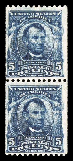 317, 5c Blue coil, perf. 12 horiz., an incredibly fresh mint pair of this experimental coil rarity of which fewer than ninety pairs are recorded, in a much more brilliant state
of preservation than the vast majority, with strikingly intense