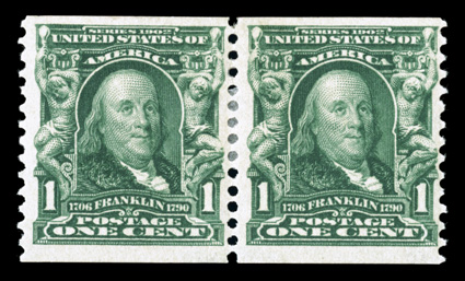 318, 1c Blue green coil, perf. 12 vert., mint pair, well centered for this experimental coil, deeply rich color, o.g., h.r. reinforces some perfs. very fine overall an
impressive pair of this early coil rarity 1966 PF certificate.
