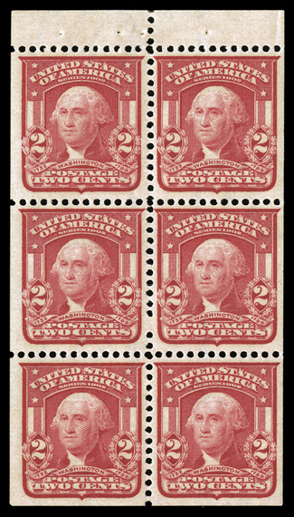 319g, 2c Carmine, booklet pane of six, excellent centering, bright color, pristine o.g., n.h., extremely fine and unusually choice 2008 PSE certificate.