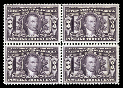 325, 3c Louisiana Purchase, mint block of four, well centered and margined, deep color, o.g., n.h., choice very fine.