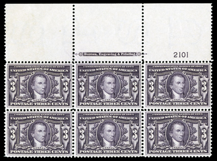 325, 3c Louisiana Purchase, full top margin imprint and plate no. 2101 block of six, deep color, o.g., certificate states previously hinged, but we feel it is never hinged with
a couple faint fingerprints on gum, fine-very fine 2009 PF certific