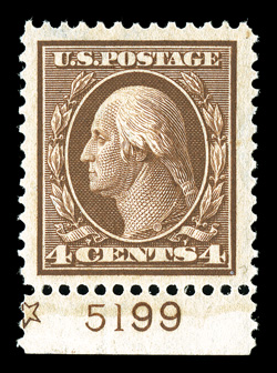 334, 4c Orange brown, bottom margin plate no. 5199 single, huge oversized margins all around, excellent centering, lovely rich color, o.g., n.h., extremely fine jumbo 1998 and
2006 PSE certificates.