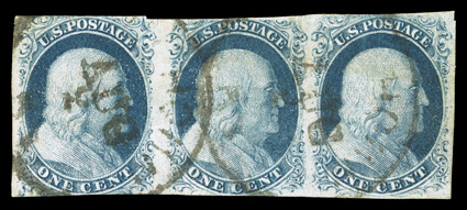 8 var., 1c Blue, Ty. III, position 99R2, the center stamp in a horizontal combination strip of three, with Ty. II stamps on each end, positions 98-100R2, ample margins to just
slightly in at points, deep rich color, two strikes of bold town