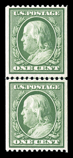 348, 1c Green coil, perf. 12 horiz., guide line pair, bright and fresh, uncommonly well centered and margined, o.g., n.h., extremely fine 2007 PSE certificate (VF-XF 85 SMQ
$590.00).