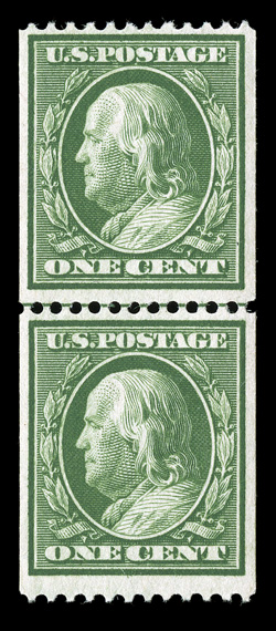 348, 1c Green coil, perf. 12 horiz., guide line pair, post office fresh, o.g., n.h., very fine.