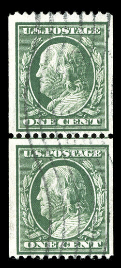 348, 1c Green coil, perf. 12 horiz., scarce used guide line pair, bright color, large margins, light wavy cancel, very fine 1991 PF certificate.