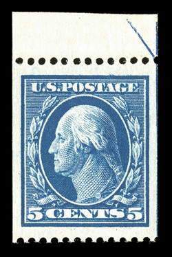 351, 5c Blue coil, perf. 12 horiz., an incredible mint single, being a top sheet-margin copy with partial arrow, sporting perfect centering amid remarkably large margins, deep
intense color and a razor-sharp impression, o.g., never hinged, an ex