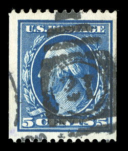 351, 5c Blue coil, perf. 12 horiz., seldom seen certified used single, deep color on bright white paper, exceptionally well centered within lavishly large margins, trivial
small crease at top right, otherwise extremely fine 2003 PSE certificate
