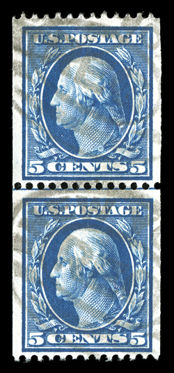 351, 5c Blue coil, perf. 12 horiz., rare guide line pair, attractively centered, bright fresh color, top stamp with faint diagonal crease, otherwise very fine 1991 PF
certificate.