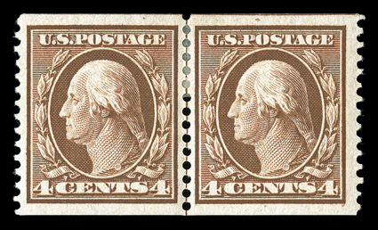 354, 4c Orange brown coil, perf. 12 vert., select guide line pair, remarkably well centered amid large margins, sumptuously rich color, o.g., h.r., extremely
fine.
