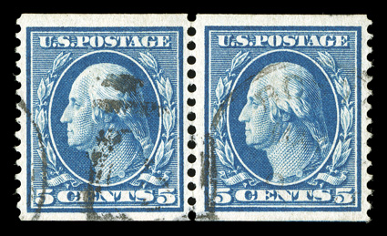 355, 5c Blue coil, perf. 12 vert., used pair, uncharacteristically well centered and margined, brilliantly fresh color, light duplex cancel, choice very fine 1984 PF
certificate.