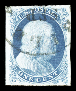 8A, 1c Blue, Ty. IIIa, position 51R4, the used example offered here is one of the most appealing singles of this scarce stamp we have offered, as it features four
extraordinarily large and marvelously balanced margins, plus its color is a wonder