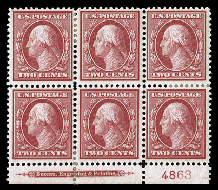 358, 2c Carmine on bluish paper, bottom margin imprint and plate no. 4863 block of six, well centered, strong color, o.g., small hinge sliver reinforcements, very
fine.