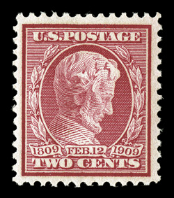 369, 2c Lincoln on bluish paper, well centered within uncharacteristically large margins, deep rich color, o.g., n.h., extremely fine 2002 PF certificate and a 2005 PSE
certificate (VF-XF 85 SMQ $420.00).