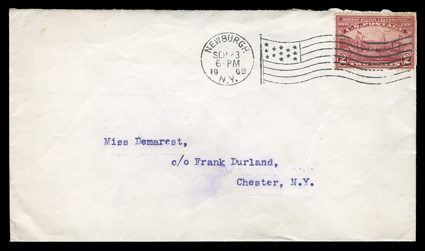 372, 2c Hudson-Fulton, tied by NewburghN.Y.Sep 231909 duplex flag pre-date cancel, cover with flap missing and a few trivial wrinkles, stamp with a pulled perf., very fine
appearance this pre-date is the earliest documented usage of