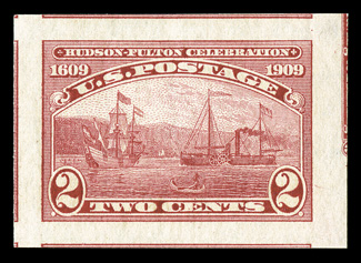 373, 2c Hudson-Fulton imperforate, superb mint single, with equal portions of the adjoining stamp showing on all four sides, strong color, o.g., n.h., extremely fine gem 2007
PSE certificate (Gem 100 SMQ $160.00 for 98).