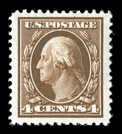 377, 4c Brown, an eye-catching mint single, featuring incredibly wide margins and being especially well centered within these vast borders, deep luxuriant color and a highly
detailed impression, o.g., n.h., extremely fine a large-margined gem