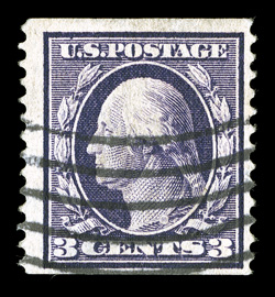 389, 3c Deep violet, Ty. I, Orangeburg Coil, perf. 12 vert., deep color and impression, much better centering than normally found on this, neat wavy line cancel of Orangeburg,
N.Y., small thin spot at bottom, very fine appearance overall a hi