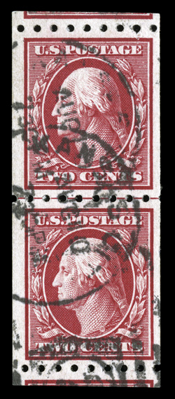 391, 2c Carmine coil, perf. 8 12 horiz., an exceptionally scarce used guide line pair, excellent centering, scissor cut outside the perforations so even parts of the adjoining
stamp are showing, vibrant color, neat duplex cancels, small crease