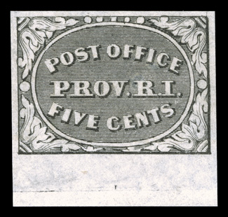 10X1, Providence, R.I. 5c Gray black Postmaster Provisional, position 11, a gem bottom sheet-margin mint example being in a condition that is most extraordinary, featuring three
large and perfectly balanced margins and a fourth at bottom that is