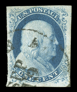 8A, 1c Blue, Ty. IIIa, unusually well margined and attractive appearing single, bright strong color, clean impression showing a wide break in the top frame line, neat central
black grid cancel, light creasing at bottom ending in tiny margin tear