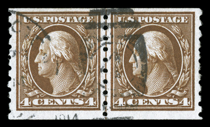 395, 4c Brown coil, perf. 8 12 vert., scarce used guide line pair, strong rich color, nicely centered and margined, light duplex cancel, very fine 2001 PSE
certificate.