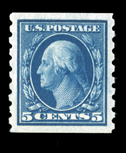 396, 5c Blue coil, perf. 8 12 vert., an incomparable mint single, absolutely perfect centering within uncharacteristically large margins, deep prooflike color and impression on
especially bright paper, pristine o.g., n.h., simply superb 2009 P