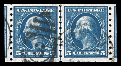 396, 5c Blue coil, perf. 8 12 vert., elusive used guide line pair, deep intense color on bright paper, well centered and scissor cut outside the perfs. showing equal portions
of the adjoining stamps, duplex cancel, very fine 1978 PF certificat