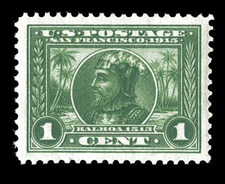 397, 1c Panama-Pacific, magnificent centering within extraordinarily large and wonderfully well balance margins, brilliantly fresh, unblemished o.g., n.h., superb a beautiful
stamp 2009 PSE certificate (Superb 98 Jumbo SMQ $550.00 for 98).