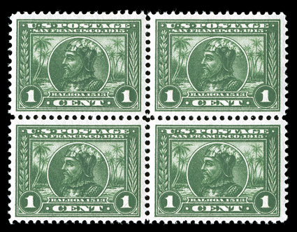 397, 1c Panama-Pacific, mint block of four, remarkably well centered and margined, especially the top stamps, deep color, o.g., n.h., right stamp with trivial gum skips,
extremely fine.