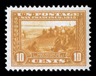 400A, 10c Panama-Pacific, orange, a fabulous mint single in a quality that would be hard to improve upon, being incredibly well centered within extravagantly large margins,
plus its color is a striking vivid shade and its impression razor sharp