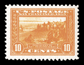 400A, 10c Panama-Pacific, orange, a brilliant and choice mint single, with radiant color and an intense impression, exceptionally well centered within especially large margins,
o.g., n.h., extremely fine 1999 PSE certificate and a 2009 PF certi