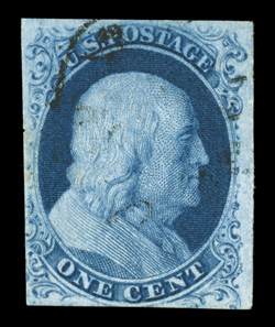8A, 1c Blue, Ty. IIIa, used, margins ranging from large to barely touching the design at bottom left, especially rich color and a strong detailed impression, light face-free
cancel, slight thin speck, otherwise very fine clear 1988 PF certifica