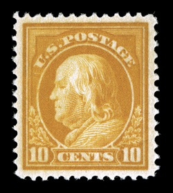 416a, 10c Brown yellow, an incredibly choice mint example of this rare and terribly difficult color variety, being extraordinarily well centered within exceptionally large
margins, which is quite uncharacteristic of this stamp, as most are found