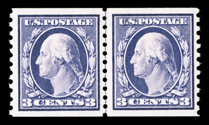 445, 3c Violet flat plate coil, perf. 10 vert., guide line pair, unusually well centered, brilliant clean color with a highly detailed impression, o.g., lightly hinged,
extremely fine a scarce line pair 1996 PF certificate.