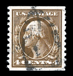446, 4c Brown flat plate coil, perf. 10 vert., select used single, excellent centering within large margin, rich luxuriant color, light duplex cancel, extremely gem used
examples of this coil stamp are exceedingly scarce and underrated 2009 PF