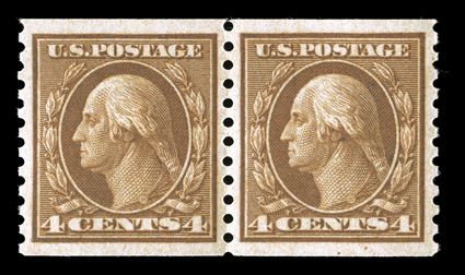 457, 4c Brown rotary coil, perf. 10 vert., an extraordinary quality mint pair, perfectly centered within exceptionally large margins, deep intense color and an excellent
clarity of impression, o.g., n.h., extremely fine gem pair 1998 PF certifi