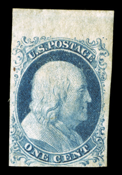 9, 1c Blue, Ty. IV, position 6R1L, which is the recut of Type Ib, full margins including a large sheet margin at top, strong color and impression showing the Ty. 1b
characteristics exceptionally well, full but slightly glazed o.g., insignificant