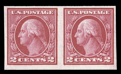 459, 2c Carmine imperforate coil, mint pair, o.g., n.h., fresh and nearly very fine 2009 PSE certificate.