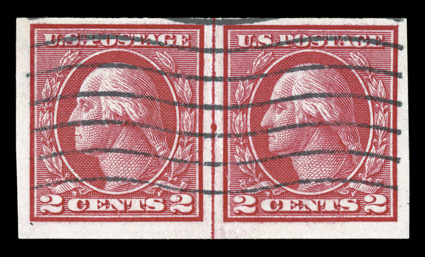 459, 2c Carmine imperforate coil, joint line pair with the usual crease in the middle, large margins and bright color, wavy cancel that the accompanying certificate says is
non-contemporary, very fine 1995 PF certificate as noted.