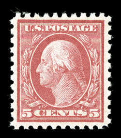 467, 5c Carmine error, premium quality mint single, exceptionally well centered, strong bright color, pristine o.g., n.h., extremely fine 2000 PF certificate for the block of
six from which this came.