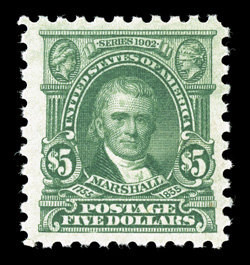 480, $5.00 Light green, well centered within wide margins, lovely rich color, o.g., certificate states never hinged, but it has some gum loss and would now probably be
classified as previously hinged, choice very fine 2003 PF certificate (neve