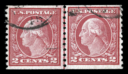 491, 2c Carmine coil, Ty. II, perf. 10 vert., an enormously rare used joint line pair, possessing exceptional centering and with rich distinctive color, unobtrusive town
postmarks at top, extremely fine used line pairs of 491 are one of the ra