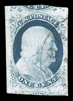 9, 1c Blue, Ty. IV, striking used single that features margins of enormous size all around, including portions of adjoining stamps on three sides, rich color and a fine
impression, unusually light c.d.s. cancel, an extremely fine used gem 1988