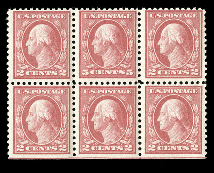 505, 5c Rose error, single error in the top center of a bottom margin block of six, o.g., n.h., fresh and fine.