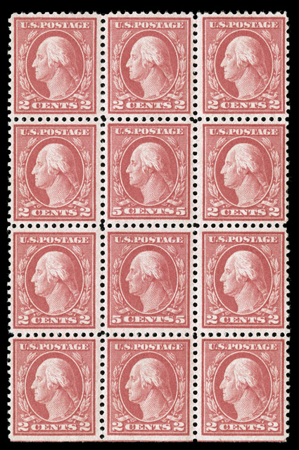 505, 5c Rose error, double error in a block of twelve, well centered (particularly the bottom error stamp), strong color, o.g., a few 2c stamps lightly hinged, both error
stamps are never hinged, very fine.