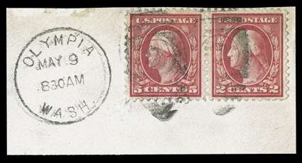505, 5c Rose error, in horizontal pair with 2c, tied to piece by Olympia, Wash. duplex, well centered, strong color, the cancel slightly breaks the paper of the 2c stamp only,
the error stamp is very fine 2001 PSE certificate.