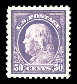 517, 50c Red violet, perfectly centered within extravagantly wide margins, wonderfully bright and fresh, o.g., l.h., extremely fine 2008 PSE certificate (XF-Superb 98 Jumbo
OGph SMQ $280.00 for 98).